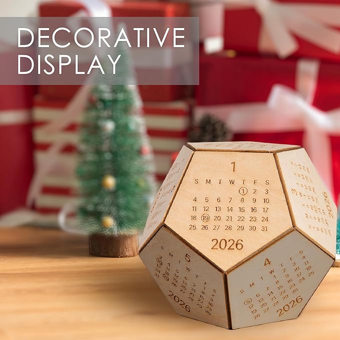 2026 Desk Calendar Wood Dodecahedron, DnD Gifts for Men, Funny Office Gifts for Coworkers, Unique Mens Desk Accessories, Christmas Gift Ideas for Boss Male, Employee, White Elephant Exchange