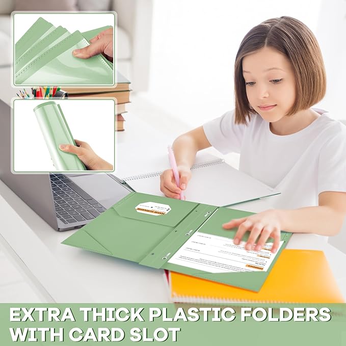 Henoyso 48 Pcs Plastic Folder with Clear Front Pocket and 3 Prongs Heavy Duty Plastic Folders with Card Slot Pocket Folders with Prongs for School Office Home(Sage Green)