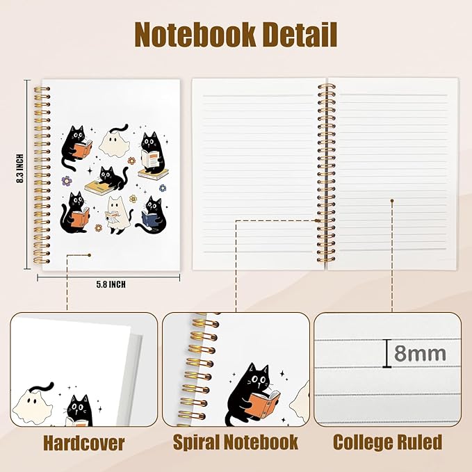 WUCHJ Halloween Ghost Black Cat Notebook, Cat Reading Journal for Book Lovers, Spooky Ghost Bookish Spiral Notebook Journal for Note Taking, Book Lover Gifts, Halloween Office Supplies, 5.5x8.3 Inch
