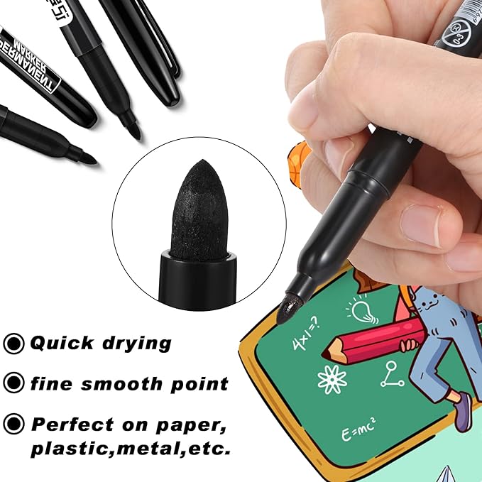 Thenshop 300 Pack Permanent Markers Bulk First Day of School Back to School Supplies Fine Point Waterproof Marker Works on Plastic, Wood, Stone, Metal, Glass for Office Classroom(Black)