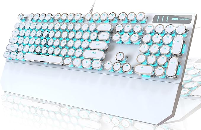 Camiysn Typewriter Style Mechanical Gaming Keyboard, White Retro Punk Gaming Keyboard with Blue Backlit, 104 Keys Blue Switch Wired Cute Keyboards, Round Keycaps for Windows/Mac/PC