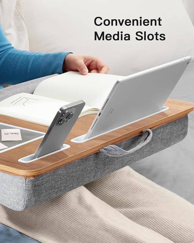 HUANUO Lap Desk - Fits up to 17 inches Laptop Desk, Built in Mouse Pad & Wrist Pad for Notebook, Laptop, Tablet, Lap Stand with Tablet, Pen & Phone Holder (Wood Grain)