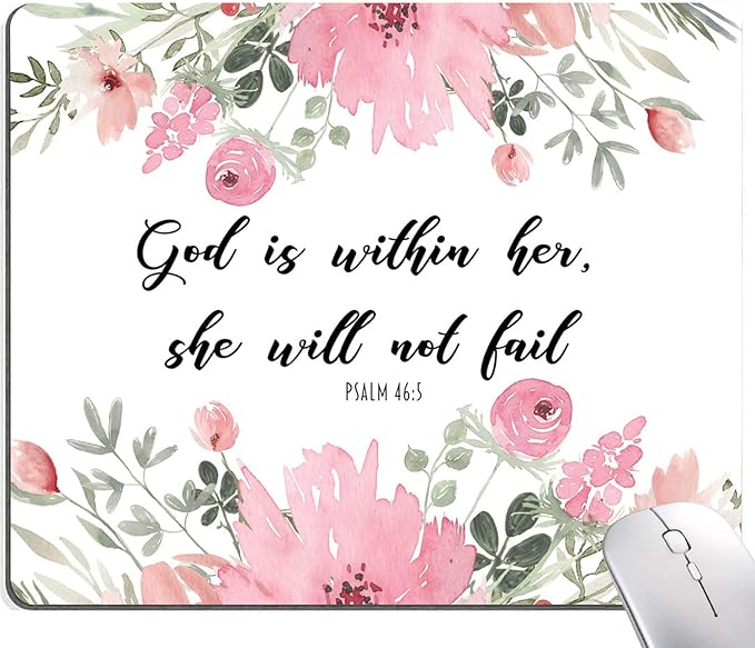 Mouse Pad, Cute Inspirational Quote with Floral Mouse Pad for Women, Washable Square Cloth Mousepad for Office Laptop, Non-Slip Rubber Computer Mouse Pads for Wireless Mouse, Psalm 46:5