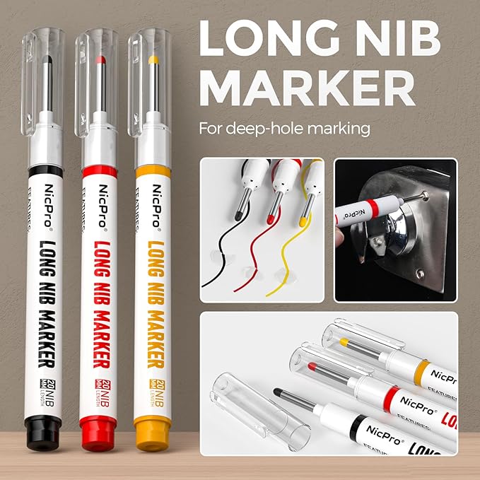 Nicpro 3 Pack CP1000 Carpenter Pencils with Sharpener, Mechanical Carpenter Pencil with 39 Refills, Deep Hole Long Nib Marker Pens for Construction, Heavy Duty Woodworking Pencil for Architect Marking