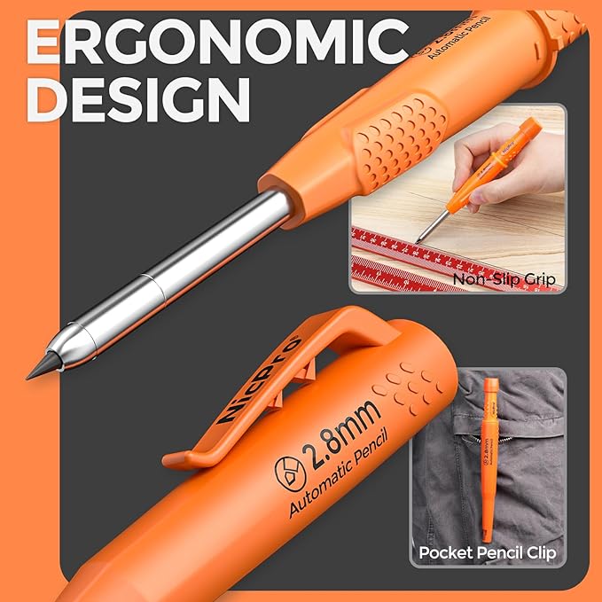 Nicpro CP3000 Carpenter Pencil with Sharpener, 2.8mm Mechanical Pencils with 19 Refill, Deep Hole Marker for Construction, Heavy Duty Woodworking Pencil, Carpenter Tools for Architect Marking (Orange)