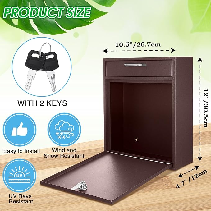 Locking Mailbox with Key for Outdoor 12 x 10.5 x 4.7 Inches Large Wall Mount Mail Box with Lock Security Mail Drop Metal Collection Boxes Hanging Secure Postbox(Brown)