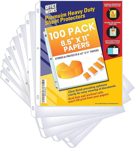 Office Werks 100 Sheet Protectors, Heavy Duty 8.5 X 11 Inch Clear Page for 3 Ring Binder, Plastic Sheet Sleeves, Durable Top Loading Paper Protector with Reinforced Holes Archival Safe