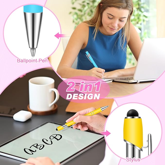 Tenare 12 Pieces 2 in 1 Stylus Metal Ballpoint Pen with Stylus Tip, 1.0 mm Black Ink Ballpoint Pen for Touch Screens(Light Color)