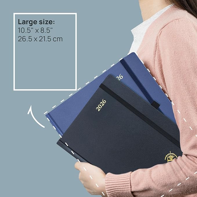 POPRUN 2026 Planner (Large Size 8.5''x 10.5'' Hardcover) - Daily Weekly and Monthly Calendar Agenda 2026 Appointment Book with Hourly Time Slots, Monthly Tabs, 100 GSM - Navy Blue