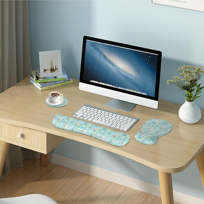 Wrist Rest Support for Mouse Pad Keyboard Set Circle Coaster Gaming Mouse Pad Ergonomic Gel Memory Foam Set for Computer, Laptop, Office, Pain Relief, Comfortably Typing Green KM-36