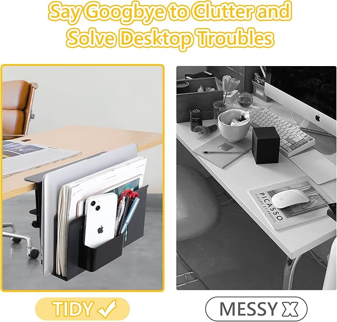 2 TIER Desk Side Storage Upgraded Under Desk Organizer, No Drill Hanging Laptop Holder Under Desk, Clamp-On Table Side Tray Steel Desktop Organization for Office and Home (Black)