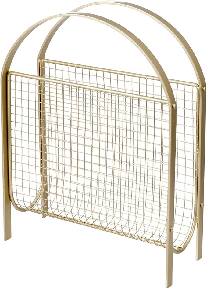 MyGift Mid-Century Design Magazine Rack, Matte Black Tone Metal Mesh Freestanding Magazine Organizer Holder Sling (Brass)