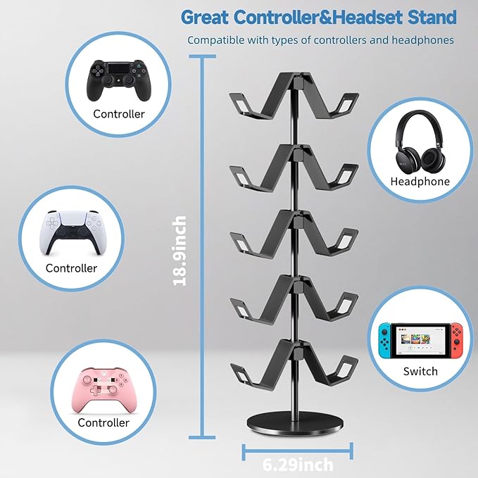 Controller Stand,5 Tier Controller Headphone Holder for Universal Headsets and Controllers,Black