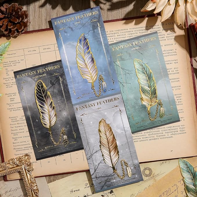 4pcs Metal Feather Bookmarks with Pendant Elegant Bookmark Set for Book Lovers, Writers, Readers Durable Book Markers with English Inscriptions Unique Gifts for Men, Women
