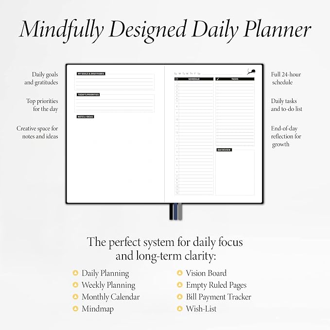 Daily Planner, Calendar & Life Organizer to Improve Time-Management, Productivity & Happiness | Vegan Leather Hardcover Notebook with Blank Dates, Undated 6 Months Hourly Planner for Men & Women, 24 Hour Agenda (Black)