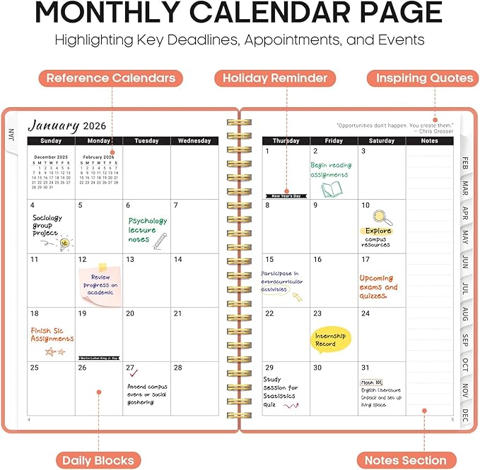 2026 Planner, Weekly and Monthly Calender Planner, Jan 2026 to Dec 2026, Hardcover 2026 Calendar Planner Book with Tabs & Inner Pocket, Office Home School Supplies for Women & Men - A5 (6.3" x 8.5"), Coral