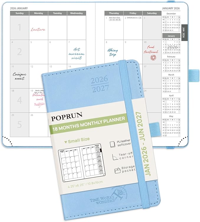 POPRUN Pocket Monthly Planner 2026-2027 (Pocket- 4''x 6.25'' Soft Leather Cover) - 18 Month Calendar Book for Purse (Jan.2026 - Jun. 2027), 100 GSM Thick Paper - Blue