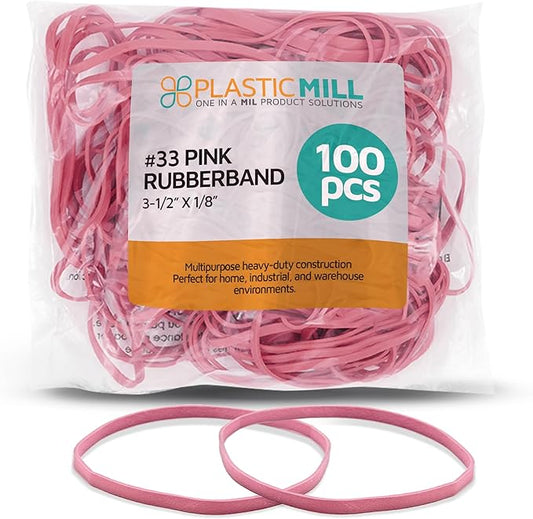 PlasticMill Pink Rubber Bands Size 33 (3 1/2" x 1/8") - #33 Colored Rubber Bands Office Supplies - Strong, Elastic Bands for Crafts, Balloon Garland, Cash, File Folders (100-Pack)