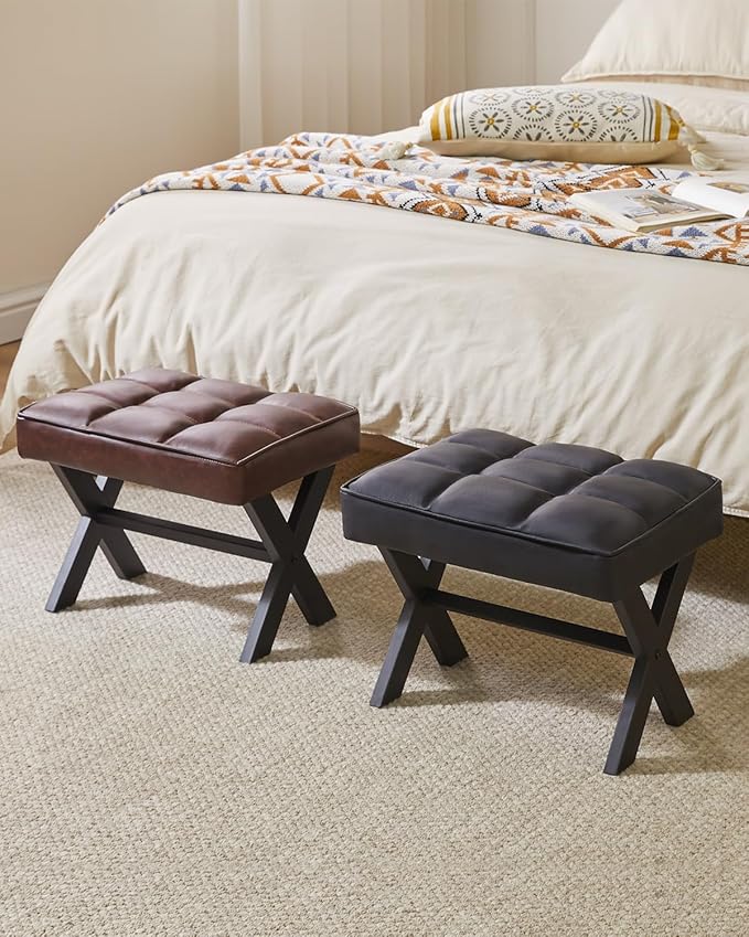 IBUYKE Small 12" H Footrest Stool, Square PU Foot Stool with Metal X-Leg, Multi-Use as Small Side Table, Step Stool for Living Room, Bedroom, Entryway, Office, Dark Brown WBD012Z