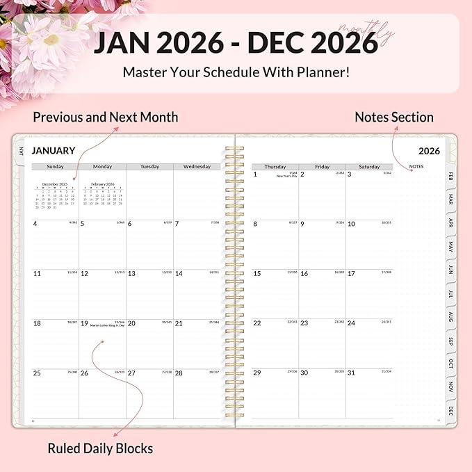 SUNEE Planner 2026 Weekly and Monthly, January 2026-December 2026, 8.5"x11", Tabs, Note Pages,Spiral Binding, Colorful Flowers