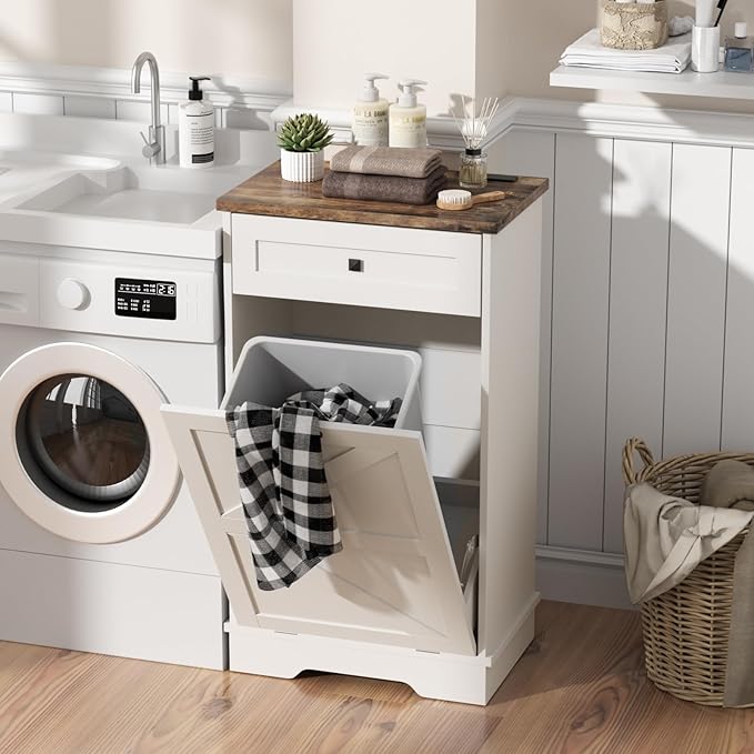 Tilt Out Trash Can, Farmhouse Kitchen Trash Cabinet w/Negative Ion, Dog Proof 10 Gallon Garbage Can for Kitchen, Bathroom, Living Room, White