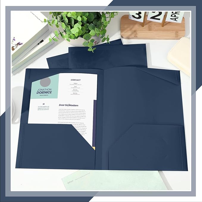 Henoyso 36 Pcs Plastic Folders with Clear Front Pockets Heavy Duty File Folders with 2 Pockets and Card Slot for Student Communication School Office Presentation Report (Navy Blue)