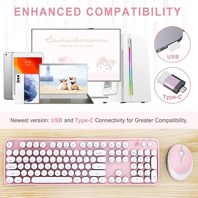 Wireless Keyboard and Mouse Combo, Ergonomic Full Size Typewriter Retro Round Keycaps Keyboard, Compatible with Windows, PC, Perfer for Home and Office Keyboards (Lovely Pink)