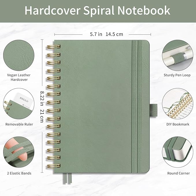 EMSHOI Spiral Notebook College Ruled, 300 Numbered Pages, A5 Small Hardcover Leather, 100 GSM Thick Lined Journal for Women Men Work Writing Journaling Note Taking, 5.7" x 8.22", Light Green