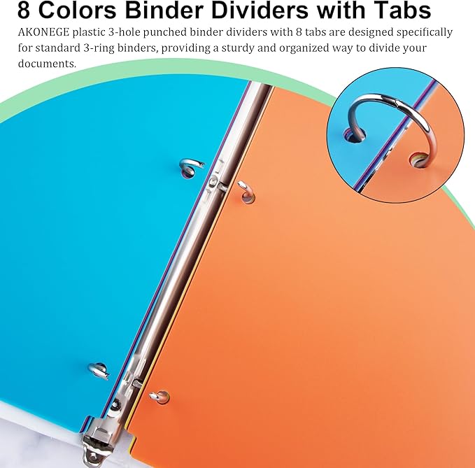 48PCS/6 Set Binder Dividers with Tabs, 8-Tab Dividers for 3 Ring Binder, 3-Hole Punched Letter Size Plastic 3 Ring Binder Dividers for School Office Home Document Organizer, Multicolor