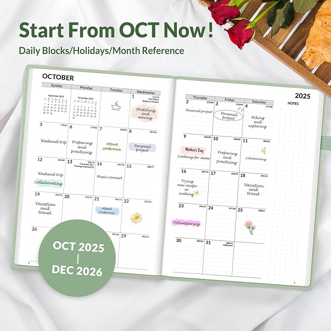 SUNEE 2026 Weekly & Monthly Hardcover Planner 5.5" x 8.3" - 12 Month (January 2026 - December 2026), Small Hardcover Planner, Pocket, Notes, 100 GSM Paper, Sage Green