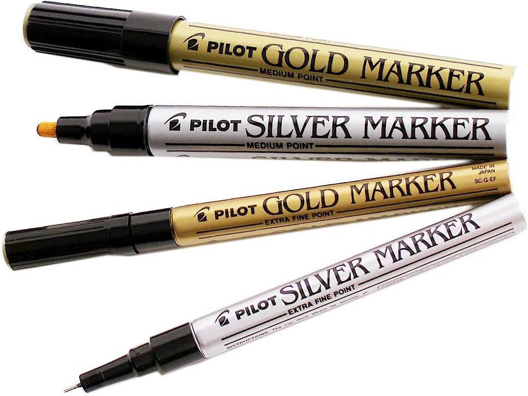 Metallic Permanent Paint Markers, Gold And Silver, Extra Fine Point (0.5mm), 6 Count, Bundle with Plastic Reusable Pouch