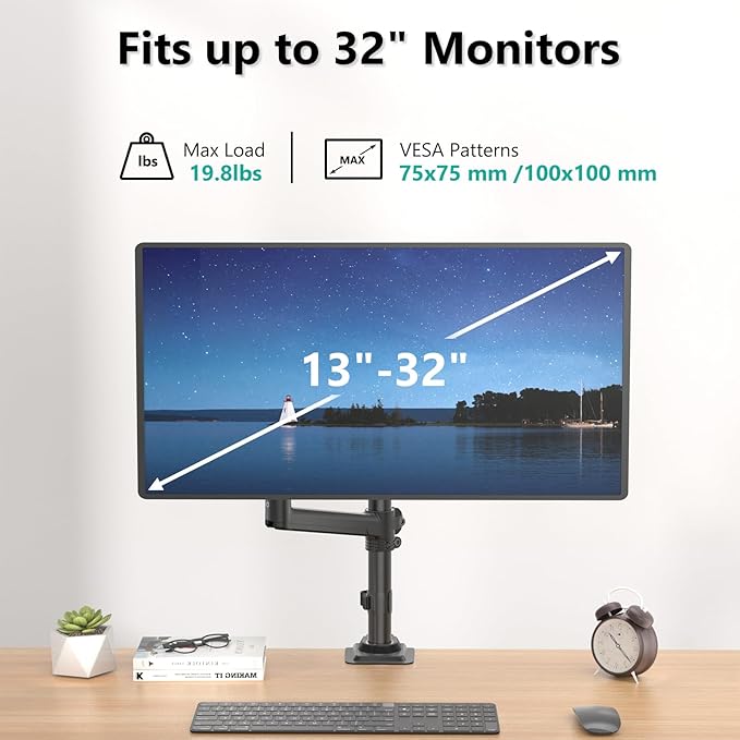 WALI Single Monitor Arm 13-32 Inch, Single Monitor Mount, Vesa Desk Mount up to 19.8lbs Gas Spring Arm with Clamp, VESA 75x75mm or 100x100mm Compatibility(GSDM001), Black