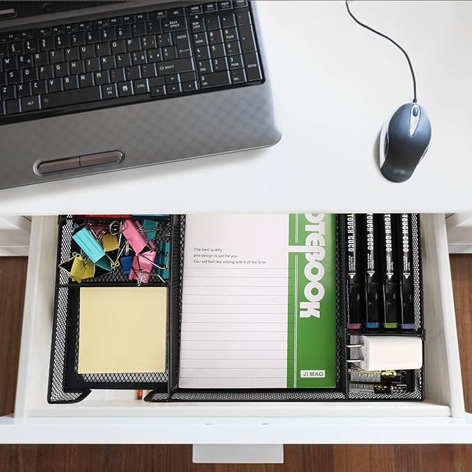 Desk Drawer Organizer Tray with Adjustable Compartments, 6 Grid Metal Mesh Drawer, Multi-use Desk Organizer Storage Box Set for Office,Home,School Supplies, 12.6X9X1.9 inch