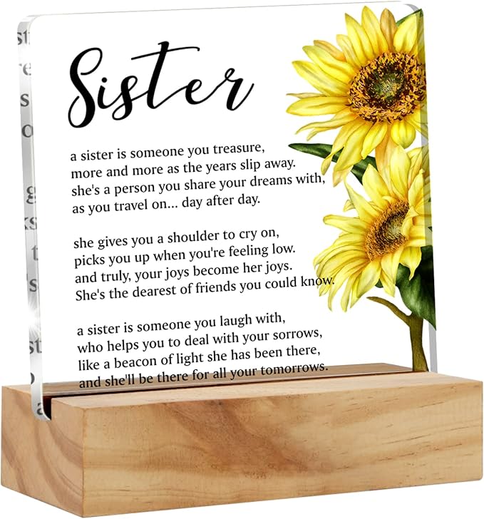 Bifez Sister Acrylic Sign, Flower Style Square Desk Decor with Wood Stand 4x4 inches Home Office Decor Gift