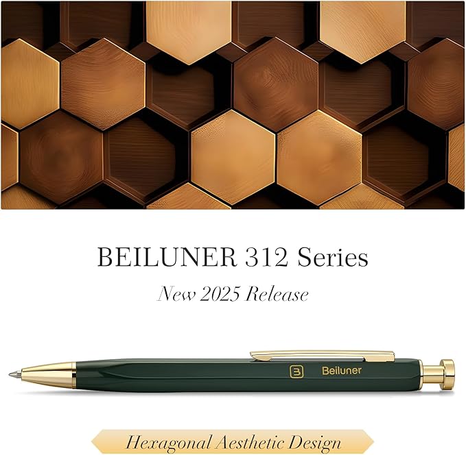 BEILUNER 312 Metal Gel Pen 0.5mm, Hexagonal Design, Green Piano Lacquer with 24K Gold Plated Accents, Includes One Refill, Professional Gel Pen Gift Box Set