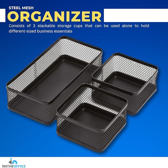 1InTheOffice Mesh Collection Desk Drawer Organizer Tray 3 Compartment - Stackable, Matte Black