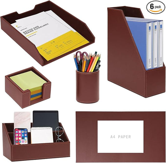 6 Piece Office Supplies/Desk Organizer Set with Desktop Leather Writing Pad,File Paper Tray,Magazine folder Holder, Pen Cup,Sticky Note Holder,Letter Mail Sorter,Workspace Decor for Women Men Brown