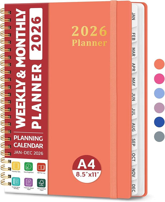 2026 Planner, Weekly and Monthly Calendar Planner, January 2026 - December 2026, Hardcover 2026 Calendar Planner Book with Tabs For Women & Men, Inner Pocket, Spiral Bound, Perfect for Office Home School Supplies - A4 (8.5" x 11"), Coral