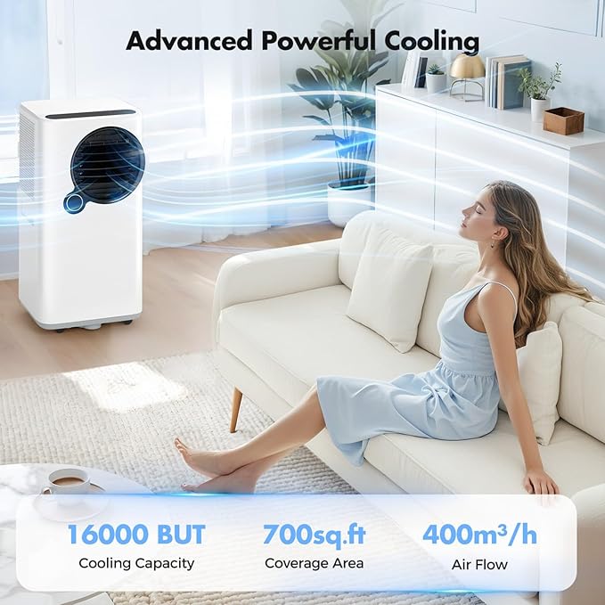 Portable Air Conditioners, 16000 BTU 6-in-1 Cooling, Dehumidifier & Fan, Ultra Quiet with 24H Smart Timer, Auto Shut-Off & Child Lock for Home/Bedroom/Office