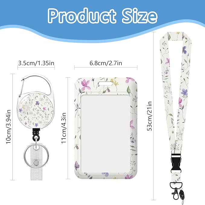 Flower Lanyards with Id Holder, ID Badge Holder with Retractable Lanyard, ID Holder with Badge Reel Clips, Name Tag ID Card Holder Teacher Women Doctor Office Gift