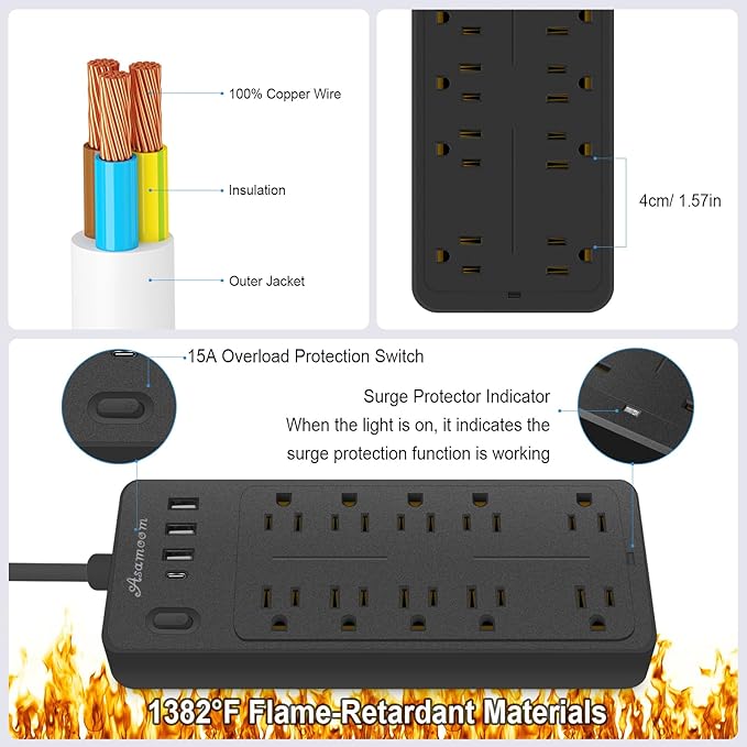 15 FT Power Strips with Surge Protection 1625W/13A,10 Outlets with 4 USB Ports (1 USB C) Long Extension Cord with Multiple Outlets 14-in-1 1700J 16Awg Flat Plug Power Strip Protector Black, ETL Listed