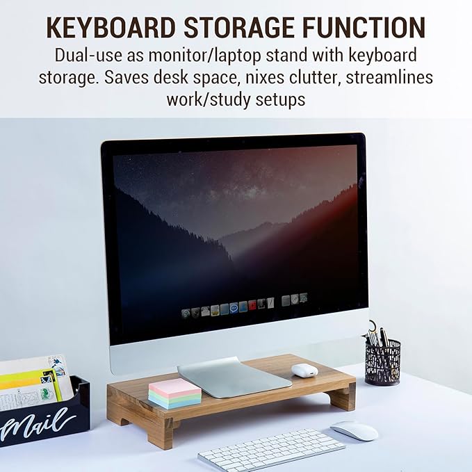 MyGift Premium Acacia Solid Wood Desk Monitor Stand, Laptop Riser & Keyboard Storage – Wooden Desktop Organizer for Screen Display and Workspace Organization