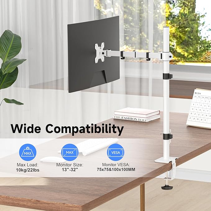 Suptek Single Monitor Arm Desk Mount Fully Adjustable Monitor Stand for 1 / One Screen up to 32 inch Extra Tall 31.5 inch Pole,White (MD6821W)