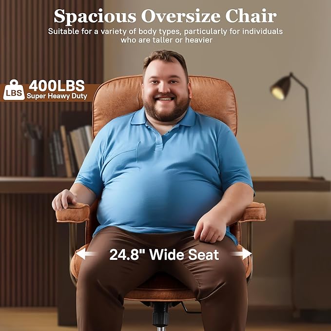 Mid Century Modren Big and Tall Office Chair,Large Ergonomic Executive Chair for Heavy Duty People, Computer Desk Task Chair with Wheels, Faux Lether Fabric Wide Chair for Home Sturdy,Brown(Suede)