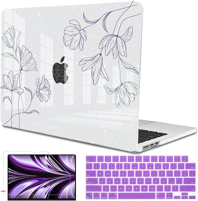 Case Compatible with MacBook Air 13.6 inch 2025 2024 2023 2022 M4 M3 M2 A3113 A2681 A3240 Cover with Touch ID, Pattern Plastic Hard Shell Case for MacBook Air 13 M4 2025, Purple Line Flower