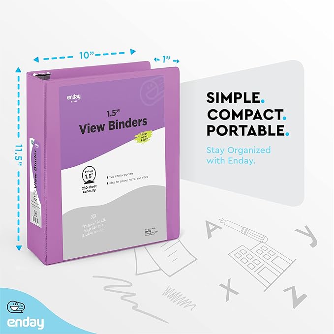 3 Ring Binder 1.5 Inch Purple, 1 ½ inch Binder Clear View Cover with 2 Inside Pockets, Colored School Supplies Office and Home – by Enday