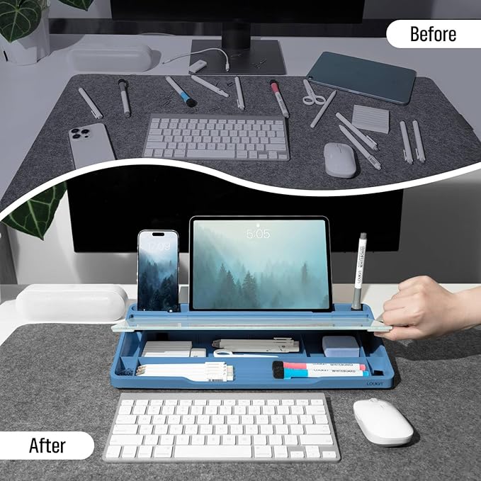 LOUKIN Glass Desktop Whiteboard, 15.3" x 5.6" Dry Erase Desk Board with Dotted and Graduated Surface, Desktop Buddy, Great for Design and Drawing, 3 Markers and 1 Dry Erase Eraser Included (Blue)