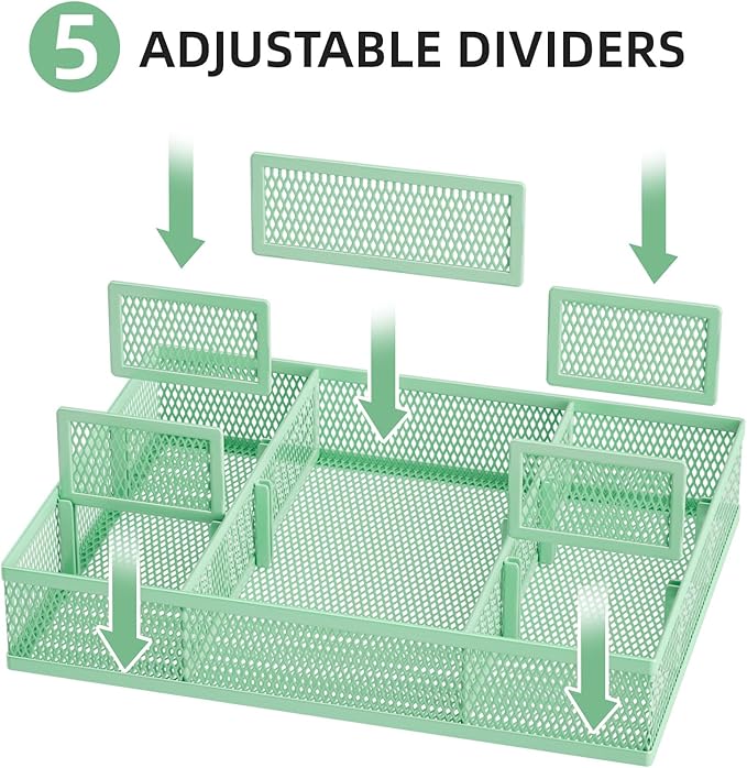 Marbrasse 2 Pack Desk Drawer Organizer, Mesh Drawer Organizer Tray with 8 Adjustable Compartments, Desk Organizers and Accessories, 5 Dividers Drawer for Office Supplies, Makeup & Vanity (Green)