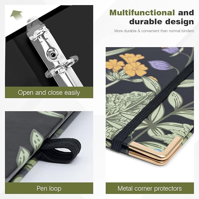 Ospelelf 3 Ring Binder 1/2 Inch, Floral Round Ring Clipboard Thin Binder with 5 Tab Dividers for Letter Size Documents, for School and Office Supplies, Moonlit Blossoms