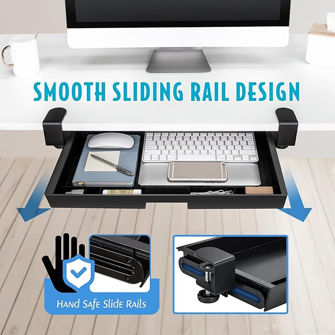 EHO Under Desk Slide-Out Storage Drawer, Large 20" x 11.8" Clamp-On Pull-Out Organizer with Adjustable Height, Space-Saving Tray for Office Supplies and Accessories, TAA-Compliant
